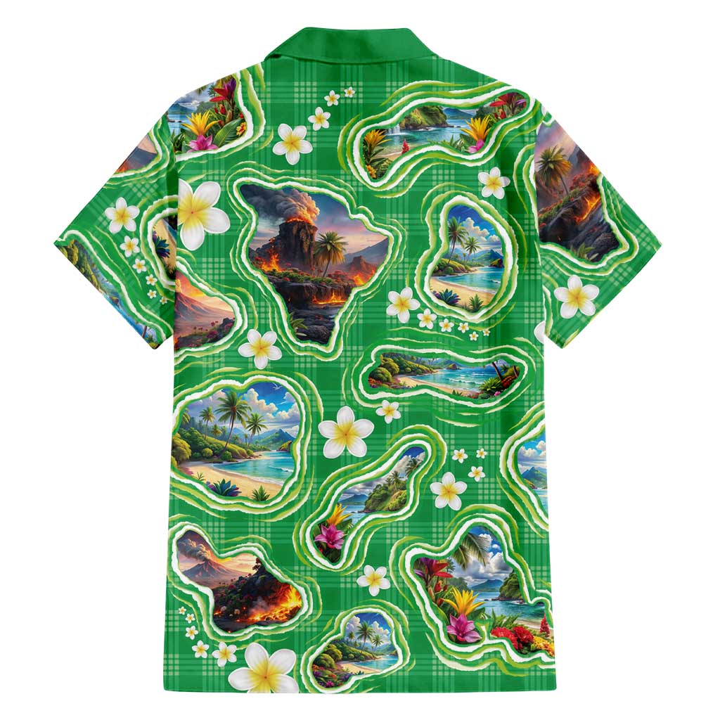 Hawaii Map with Plumeria Flower and Palaka Pattern Family Matching Off Shoulder Short Dress and Hawaiian Shirt Tropical Island Green Design LT03 - Polynesian Pride