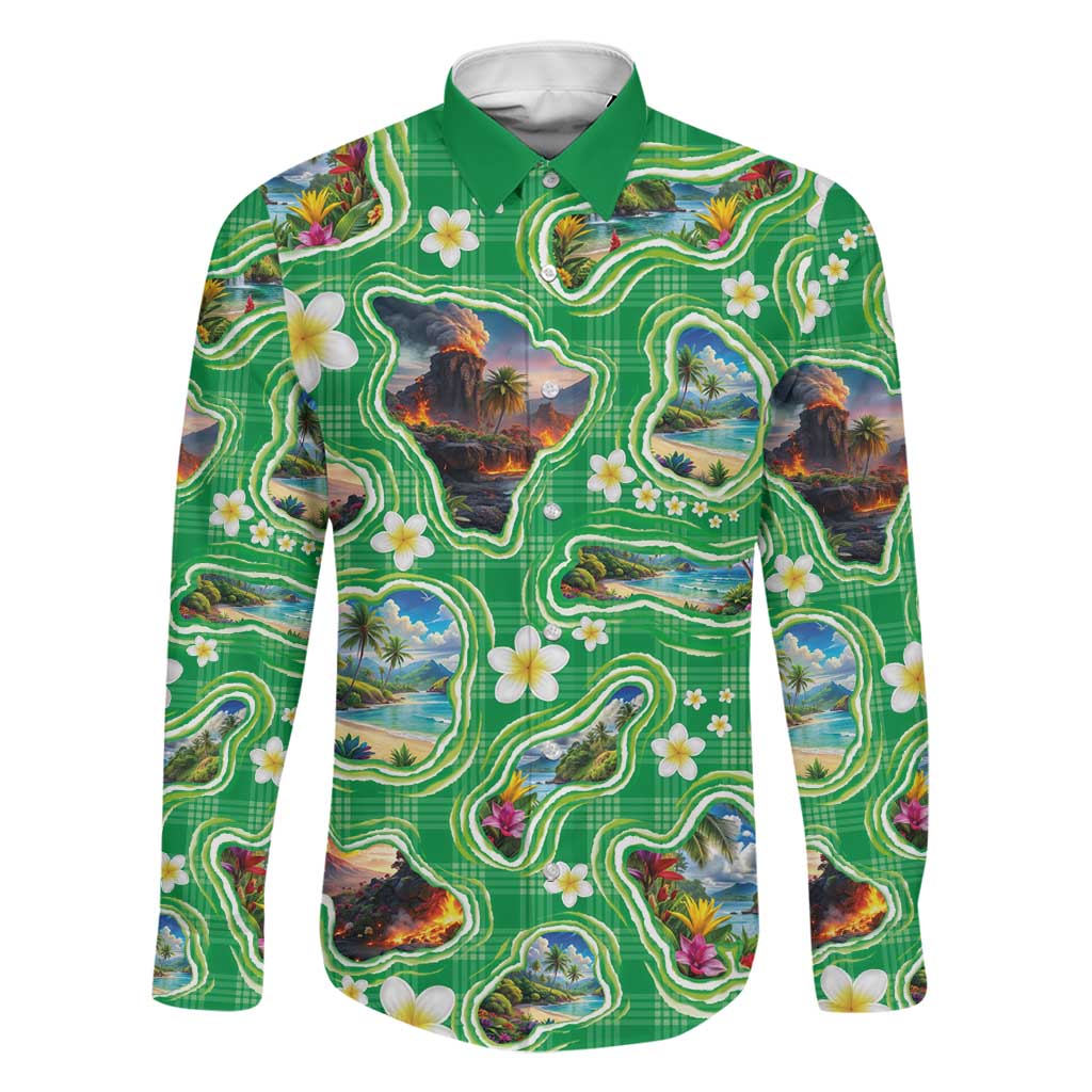 Hawaii Map with Plumeria Flower and Palaka Pattern Family Matching Off Shoulder Short Dress and Hawaiian Shirt Tropical Island Green Design LT03 Dad's Shirt - Long Sleeve Green - Polynesian Pride