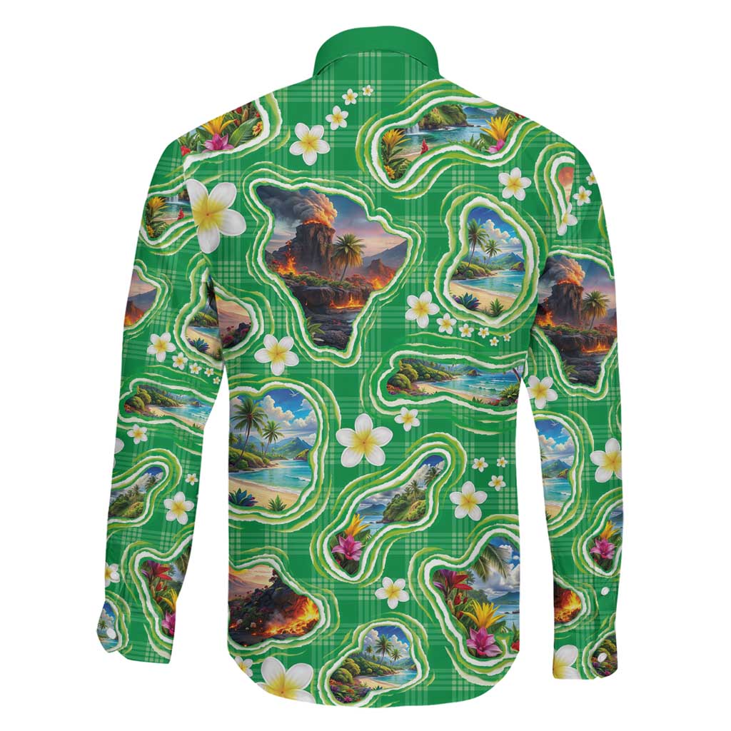 Hawaii Map with Plumeria Flower and Palaka Pattern Family Matching Off Shoulder Short Dress and Hawaiian Shirt Tropical Island Green Design LT03 - Polynesian Pride