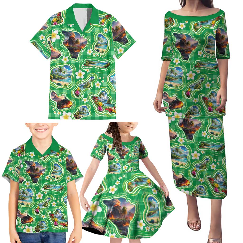 Hawaii Map with Plumeria Flower and Palaka Pattern Family Matching Puletasi and Hawaiian Shirt Tropical Island Green Design LT03 - Polynesian Pride