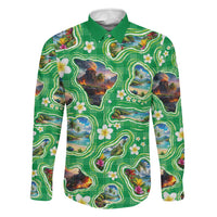 Hawaii Map with Plumeria Flower and Palaka Pattern Family Matching Puletasi and Hawaiian Shirt Tropical Island Green Design LT03 Dad's Shirt - Long Sleeve Green - Polynesian Pride