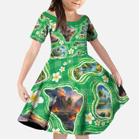 Hawaii Map with Plumeria Flower and Palaka Pattern Family Matching Short Sleeve Bodycon Dress and Hawaiian Shirt Tropical Island Green Design LT03 Daughter's Dress Green - Polynesian Pride