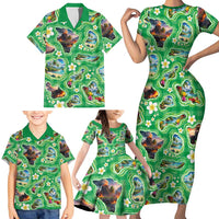 Hawaii Map with Plumeria Flower and Palaka Pattern Family Matching Short Sleeve Bodycon Dress and Hawaiian Shirt Tropical Island Green Design LT03 - Polynesian Pride