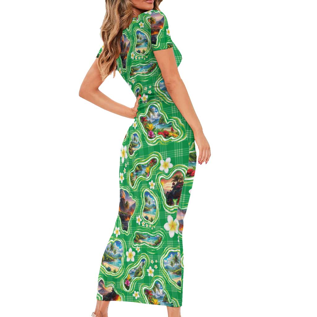 Hawaii Map with Plumeria Flower and Palaka Pattern Family Matching Short Sleeve Bodycon Dress and Hawaiian Shirt Tropical Island Green Design LT03 - Polynesian Pride