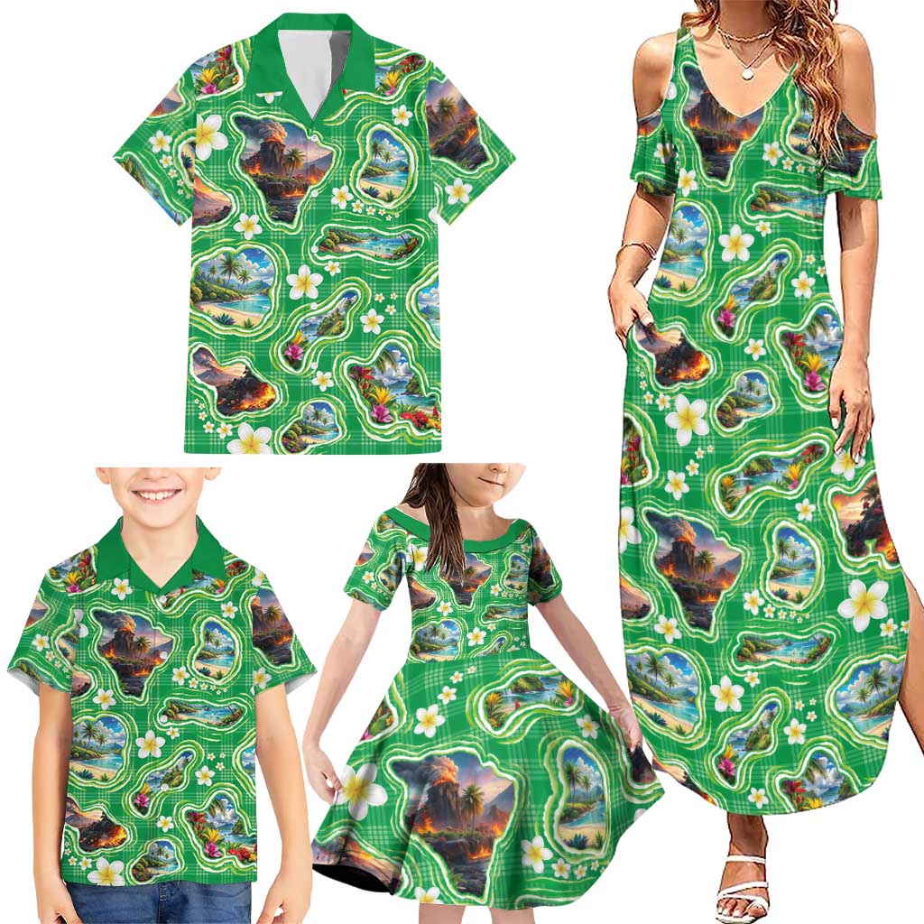 Hawaii Map with Plumeria Flower and Palaka Pattern Family Matching Summer Maxi Dress and Hawaiian Shirt Tropical Island Green Design LT03 - Polynesian Pride