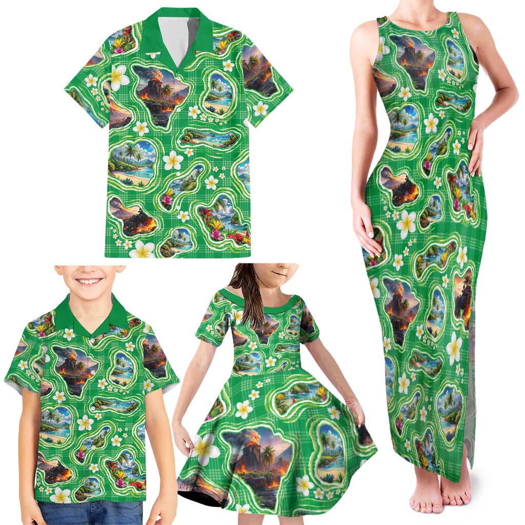 Hawaii Map with Plumeria Flower and Palaka Pattern Family Matching Tank Maxi Dress and Hawaiian Shirt Tropical Island Green Design