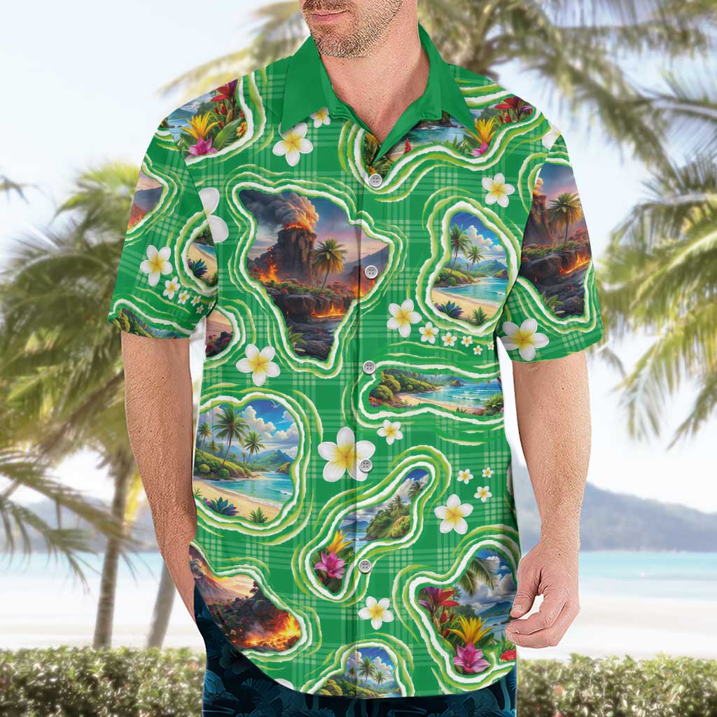 Hawaii Map with Plumeria Flower and Palaka Pattern Hawaiian Shirt Tropical Island Green Design