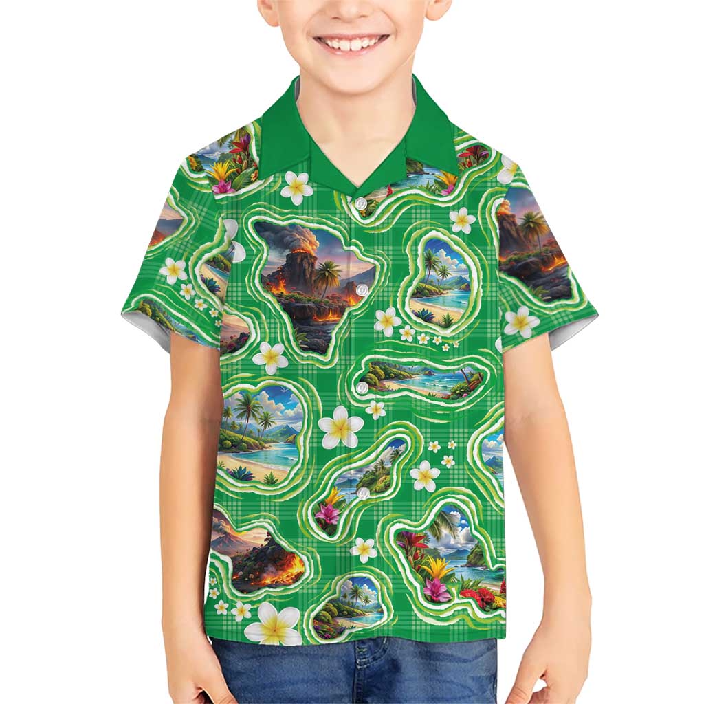 Hawaii Map with Plumeria Flower and Palaka Pattern Hawaiian Shirt Tropical Island Green Design
