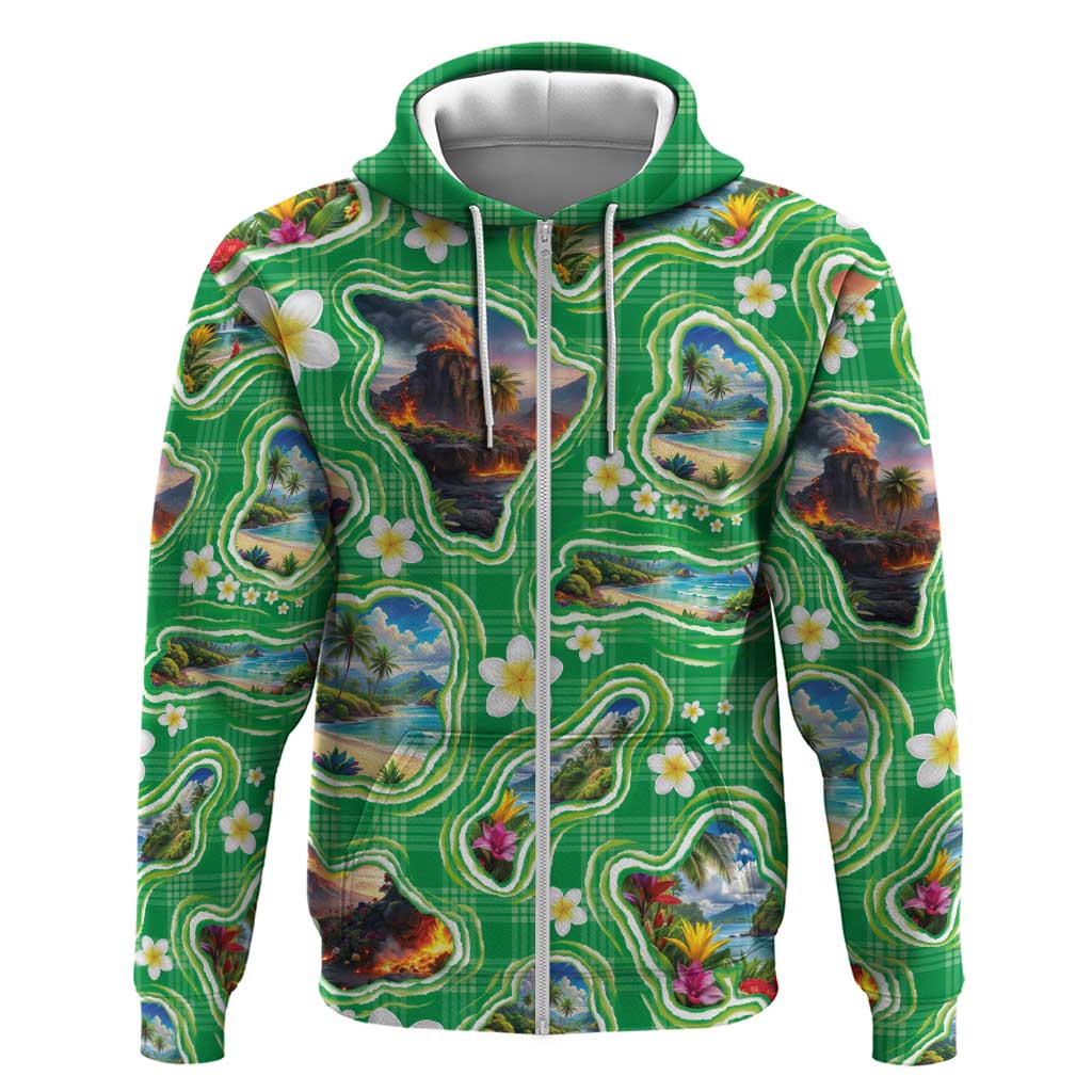 Hawaii Map with Plumeria Flower and Palaka Pattern Hoodie Tropical Island Green Design