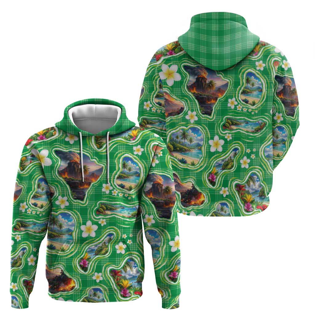 Hawaii Map with Plumeria Flower and Palaka Pattern Hoodie Tropical Island Green Design