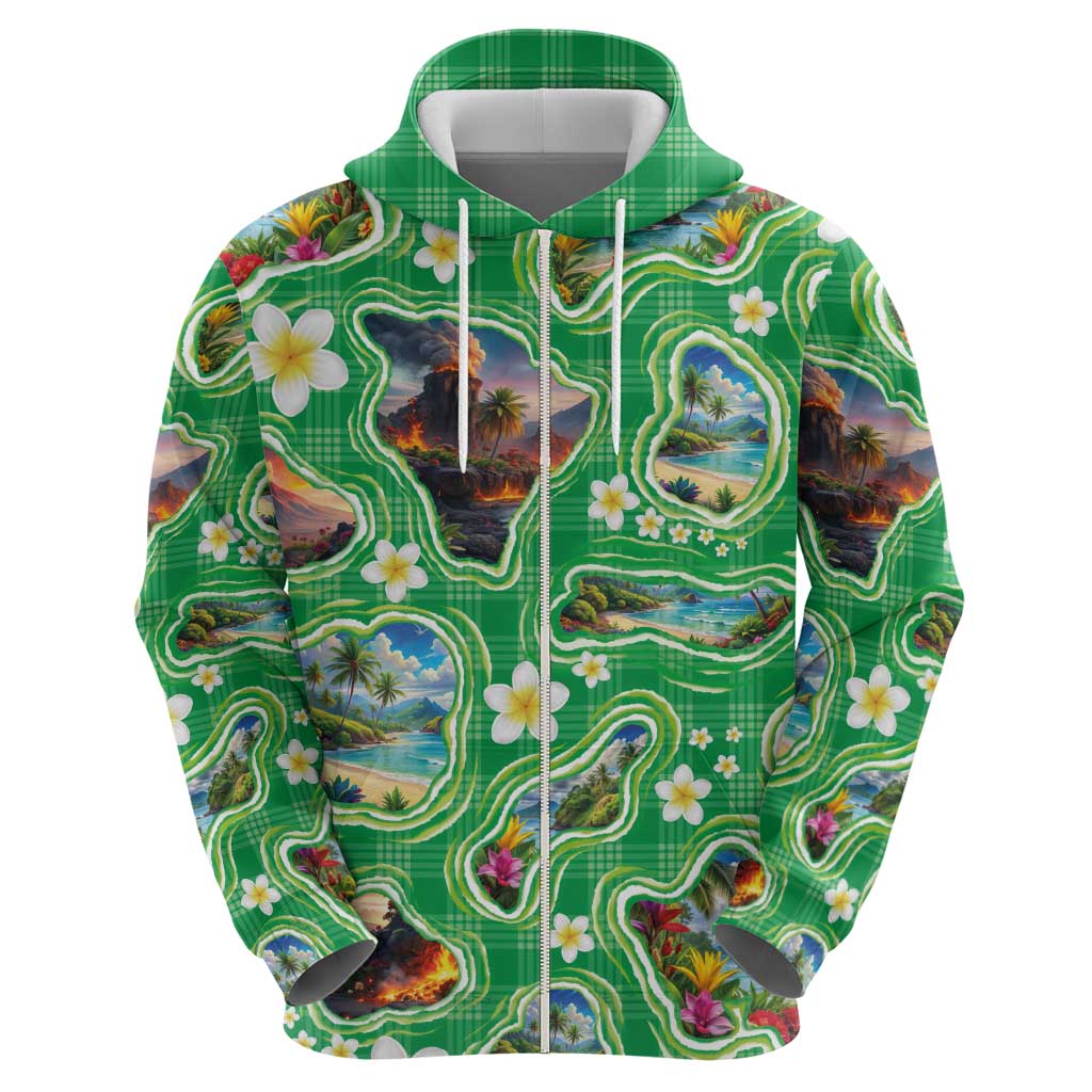 Hawaii Map with Plumeria Flower and Palaka Pattern Hoodie Tropical Island Green Design