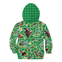 Hawaii Map with Plumeria Flower and Palaka Pattern Kid Hoodie Tropical Island Green Design