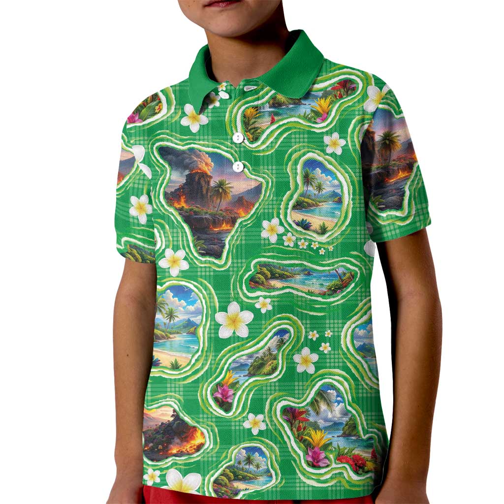 Hawaii Map with Plumeria Flower and Palaka Pattern Kid Polo Shirt Tropical Island Green Design LT03 Kid Green - Polynesian Pride