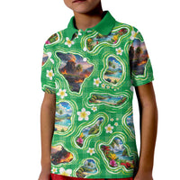Hawaii Map with Plumeria Flower and Palaka Pattern Kid Polo Shirt Tropical Island Green Design LT03 Kid Green - Polynesian Pride