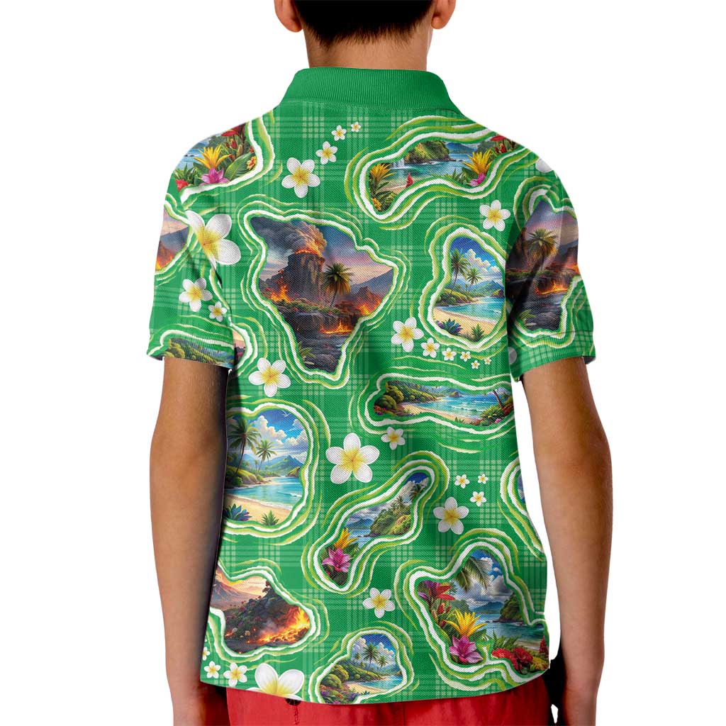 Hawaii Map with Plumeria Flower and Palaka Pattern Kid Polo Shirt Tropical Island Green Design LT03 - Polynesian Pride