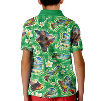 Hawaii Map with Plumeria Flower and Palaka Pattern Kid Polo Shirt Tropical Island Green Design LT03 - Polynesian Pride