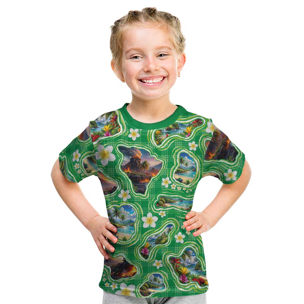 Hawaii Map with Plumeria Flower and Palaka Pattern Kid T Shirt Tropical Island Green Design