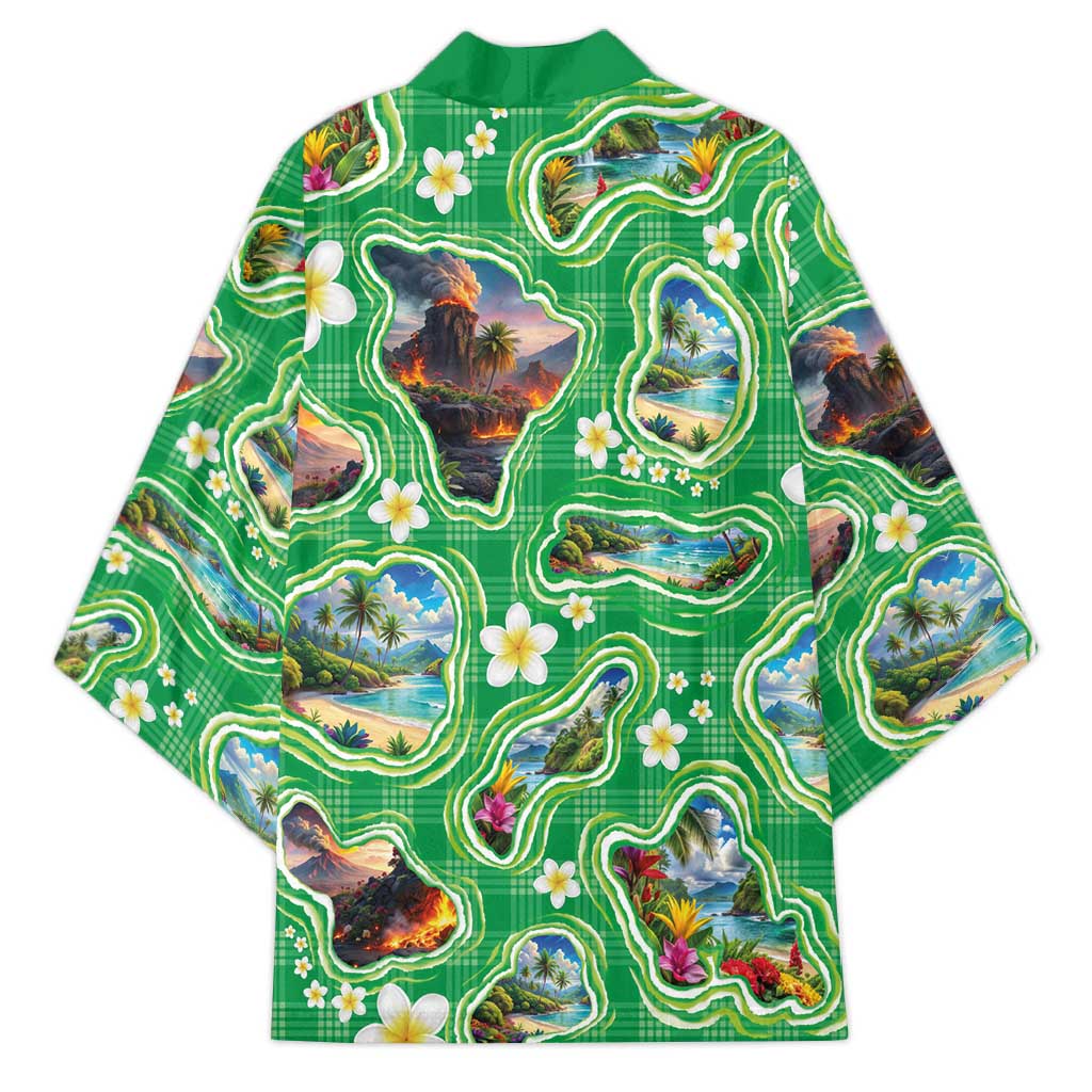 Hawaii Map with Plumeria Flower and Palaka Pattern Kimono Tropical Island Green Design