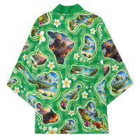 Hawaii Map with Plumeria Flower and Palaka Pattern Kimono Tropical Island Green Design