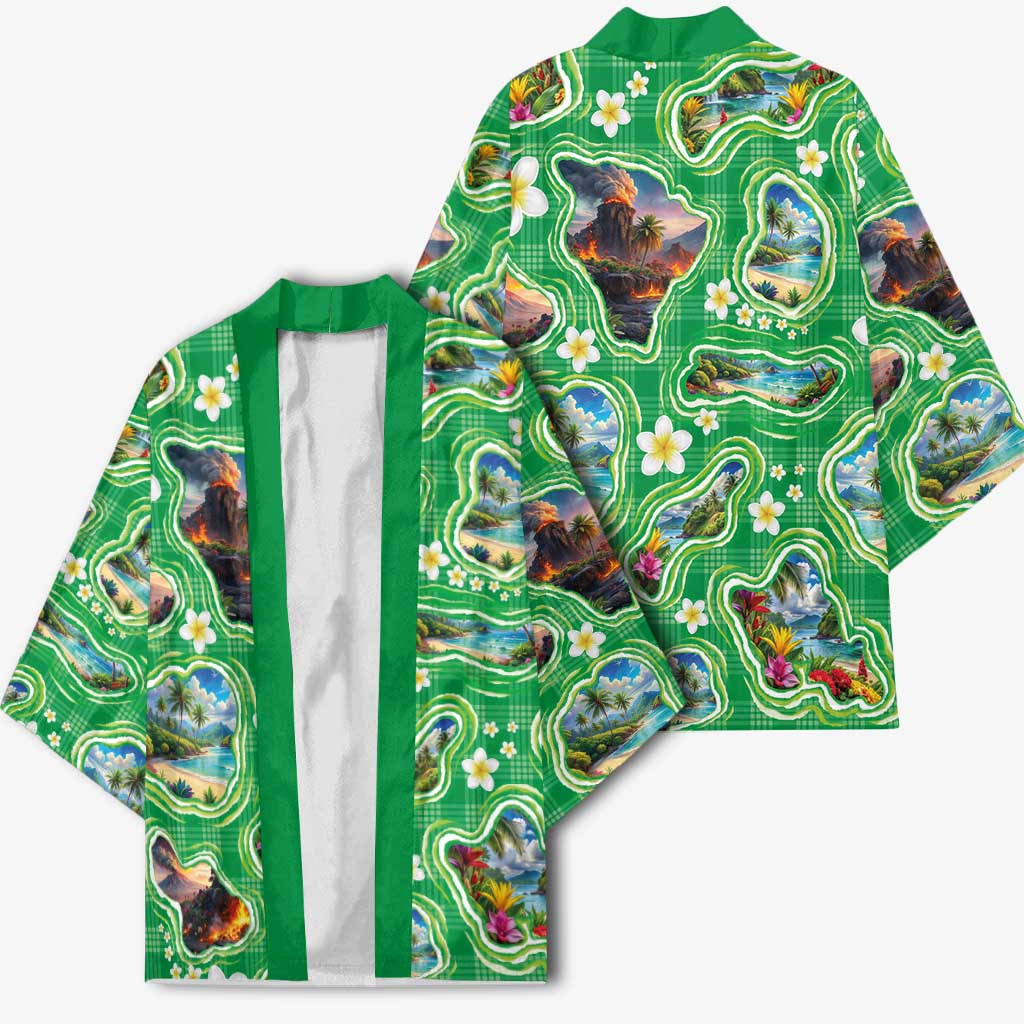 Hawaii Map with Plumeria Flower and Palaka Pattern Kimono Tropical Island Green Design