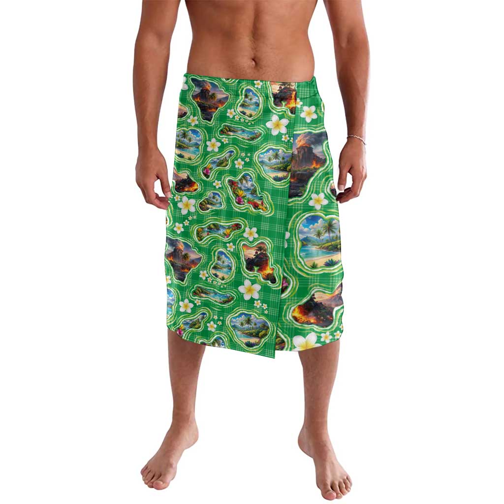 Hawaii Map with Plumeria Flower and Palaka Pattern Lavalava Tropical Island Green Design