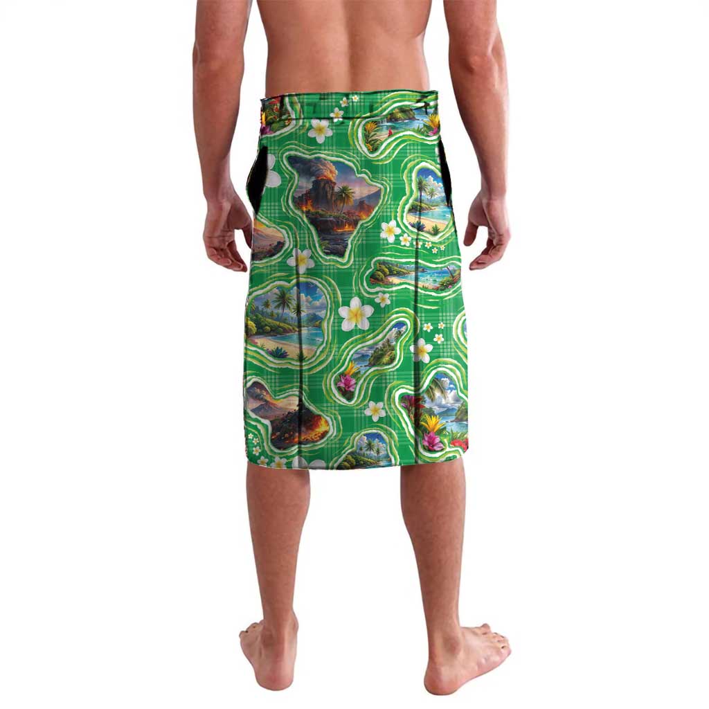 Hawaii Map with Plumeria Flower and Palaka Pattern Lavalava Tropical Island Green Design
