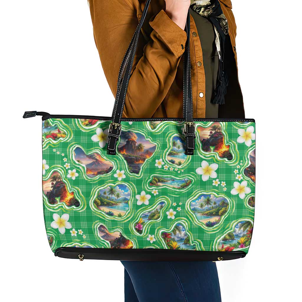 Hawaii Map with Plumeria Flower and Palaka Pattern Leather Tote Bag Tropical Island Green Design
