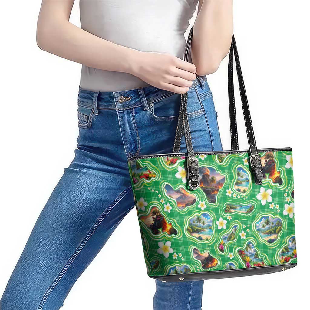 Hawaii Map with Plumeria Flower and Palaka Pattern Leather Tote Bag Tropical Island Green Design
