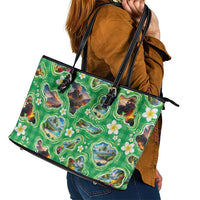Hawaii Map with Plumeria Flower and Palaka Pattern Leather Tote Bag Tropical Island Green Design