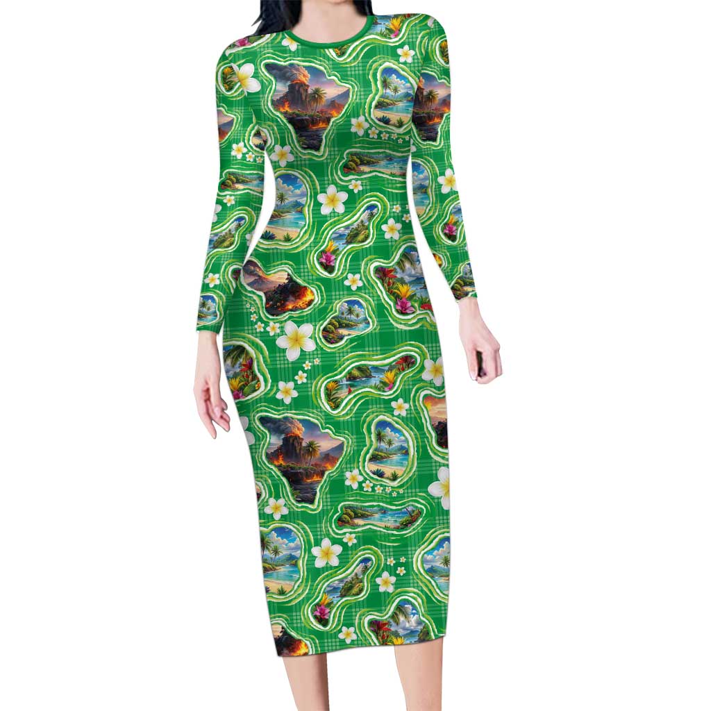 Hawaii Map with Plumeria Flower and Palaka Pattern Long Sleeve Bodycon Dress Tropical Island Green Design