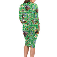 Hawaii Map with Plumeria Flower and Palaka Pattern Long Sleeve Bodycon Dress Tropical Island Green Design