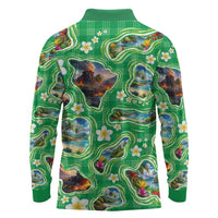 Hawaii Map with Plumeria Flower and Palaka Pattern Long Sleeve Polo Shirt Tropical Island Green Design