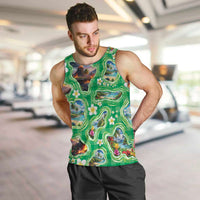 Hawaii Map with Plumeria Flower and Palaka Pattern Men Tank Top Tropical Island Green Design