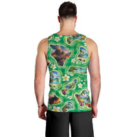 Hawaii Map with Plumeria Flower and Palaka Pattern Men Tank Top Tropical Island Green Design