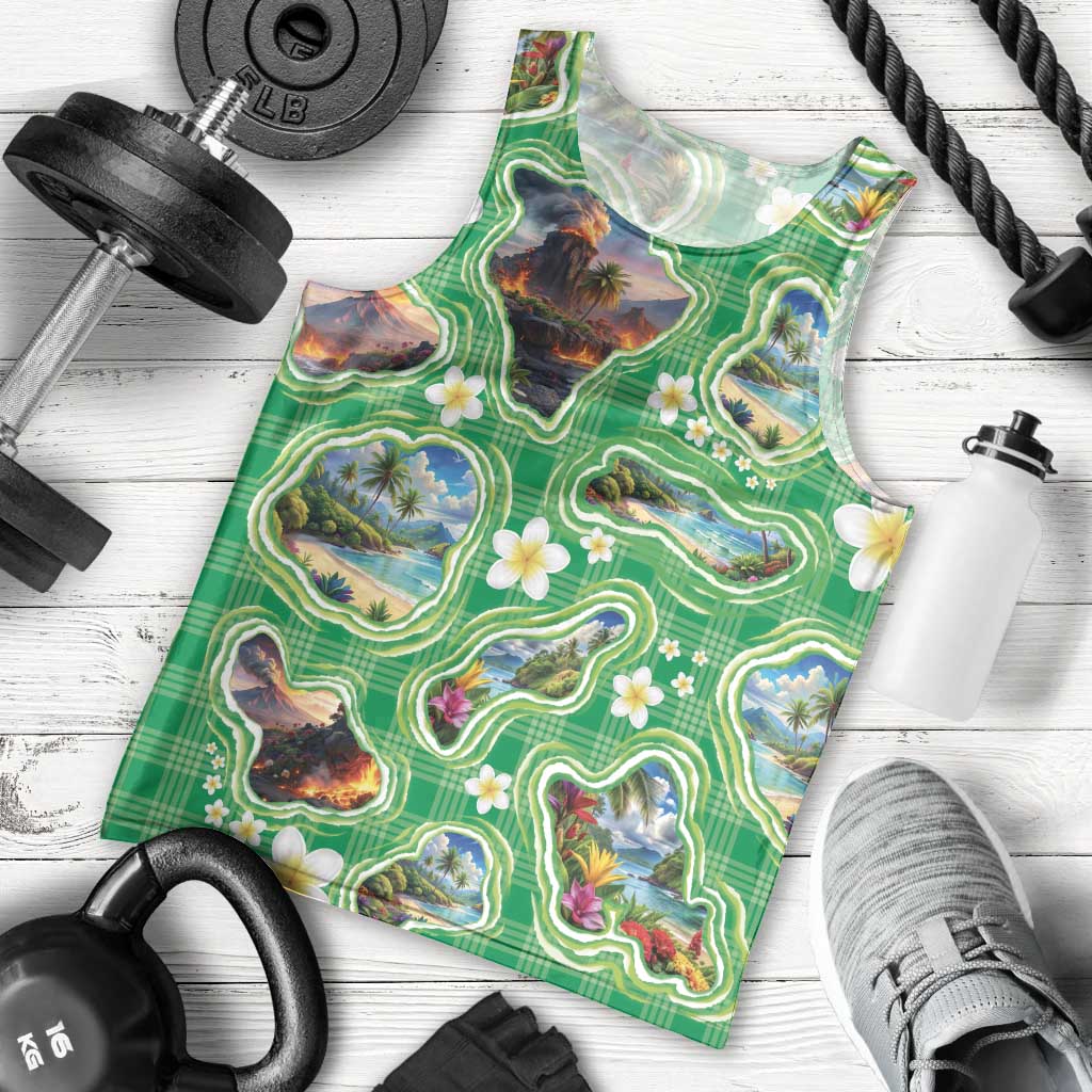 Hawaii Map with Plumeria Flower and Palaka Pattern Men Tank Top Tropical Island Green Design