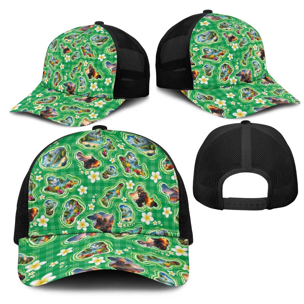 Hawaii Map with Plumeria Flower and Palaka Pattern Mesh Trucker Cap Tropical Island Green Design