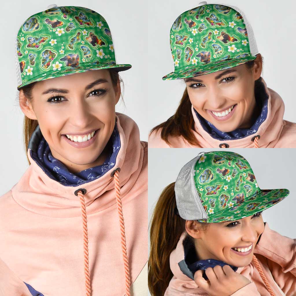 Hawaii Map with Plumeria Flower and Palaka Pattern Mesh Trucker Cap Tropical Island Green Design