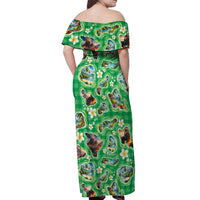 Hawaii Map with Plumeria Flower and Palaka Pattern Off Shoulder Maxi Dress Tropical Island Green Design