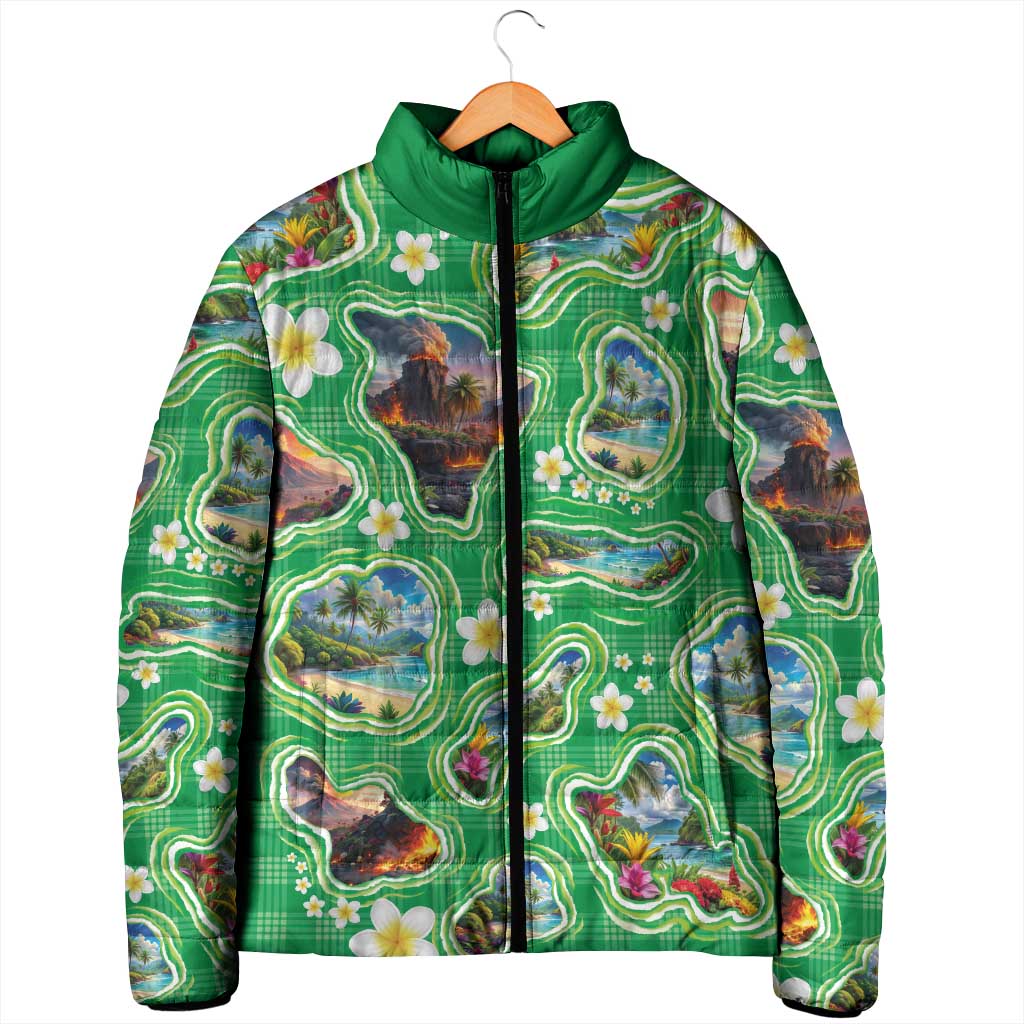 Hawaii Map with Plumeria Flower and Palaka Pattern Padded Jacket Tropical Island Green Design
