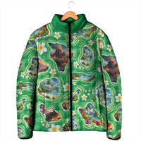 Hawaii Map with Plumeria Flower and Palaka Pattern Padded Jacket Tropical Island Green Design