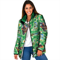 Hawaii Map with Plumeria Flower and Palaka Pattern Padded Jacket Tropical Island Green Design
