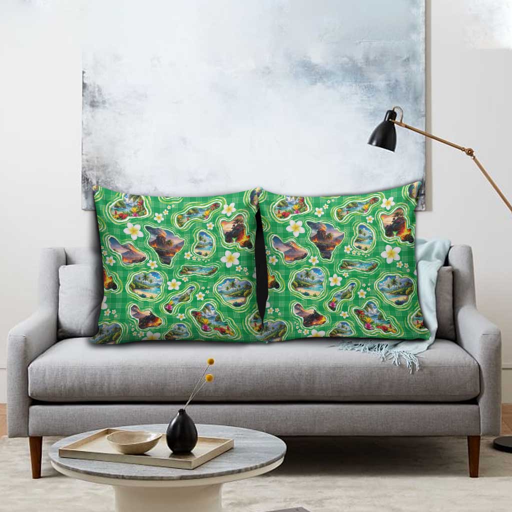 Hawaii Map with Plumeria Flower and Palaka Pattern Pillow Cover Tropical Island Green Design