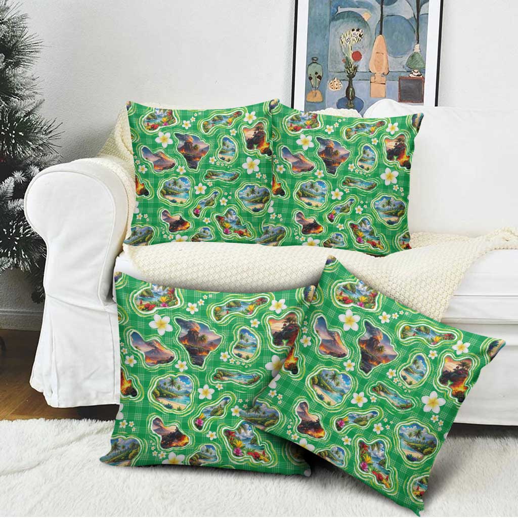 Hawaii Map with Plumeria Flower and Palaka Pattern Pillow Cover Tropical Island Green Design