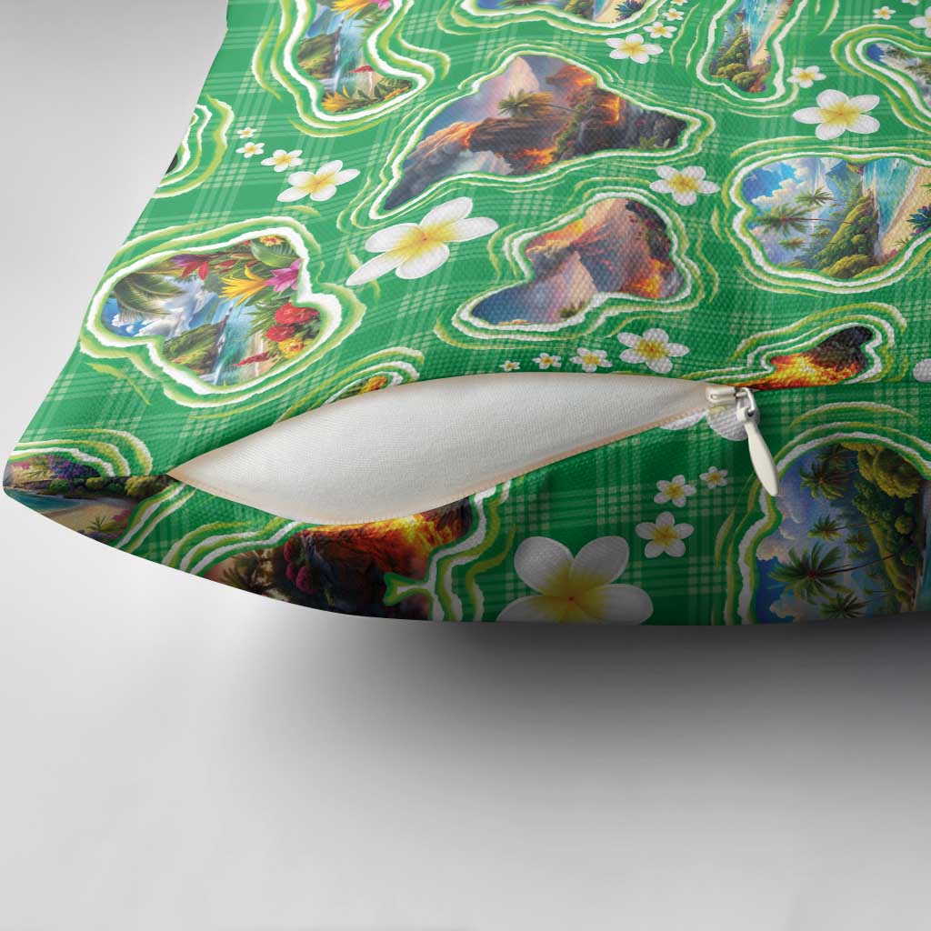 Hawaii Map with Plumeria Flower and Palaka Pattern Pillow Cover Tropical Island Green Design
