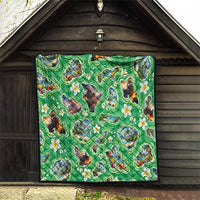 Hawaii Map with Plumeria Flower and Palaka Pattern Quilt Tropical Island Green Design