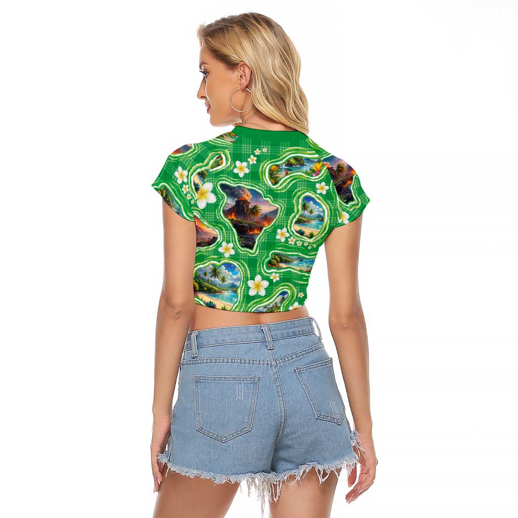 Hawaii Map with Plumeria Flower and Palaka Pattern Raglan Cropped T Shirt Tropical Island Green Design
