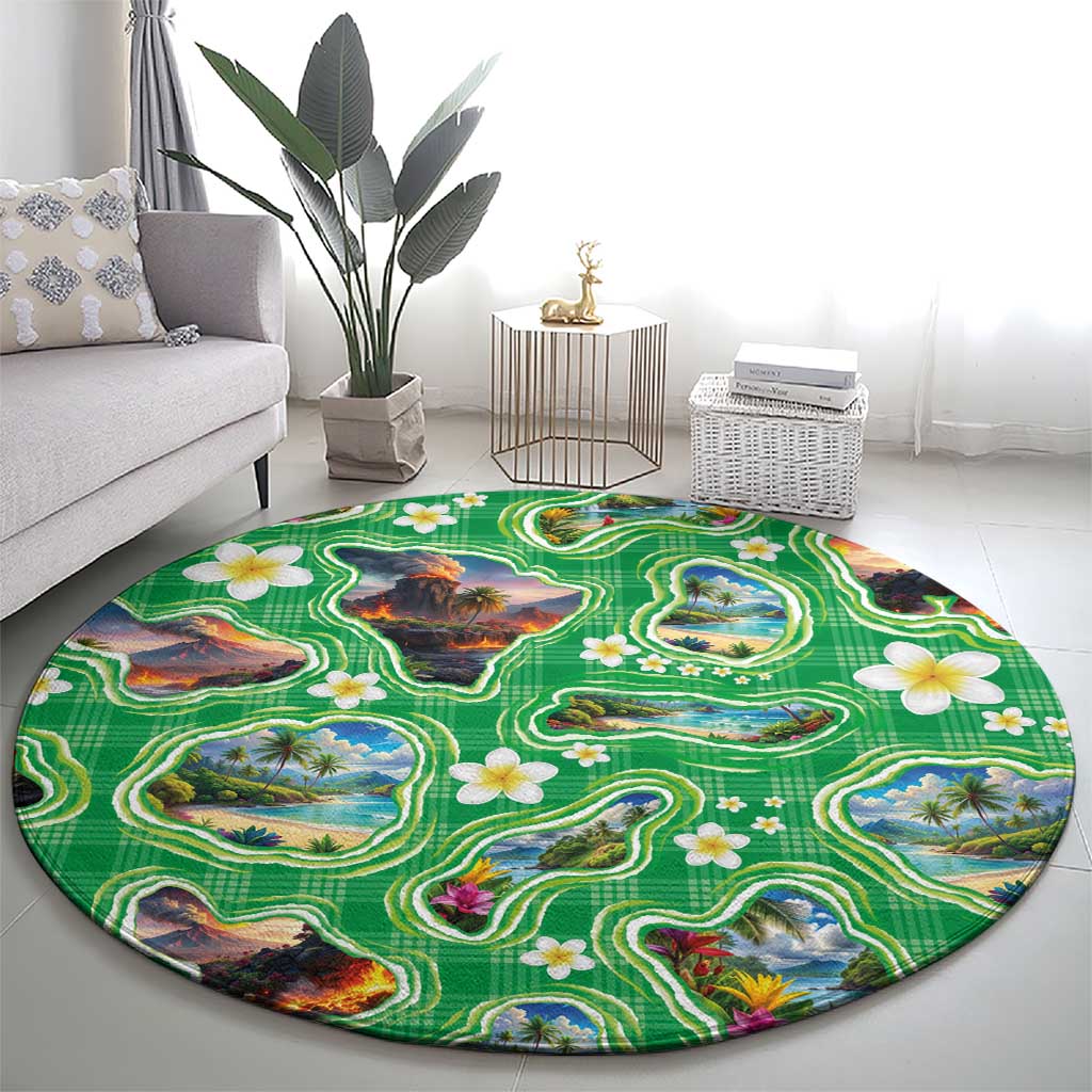 Hawaii Map with Plumeria Flower and Palaka Pattern Round Carpet Tropical Island Green Design