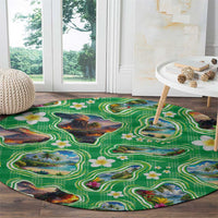 Hawaii Map with Plumeria Flower and Palaka Pattern Round Carpet Tropical Island Green Design