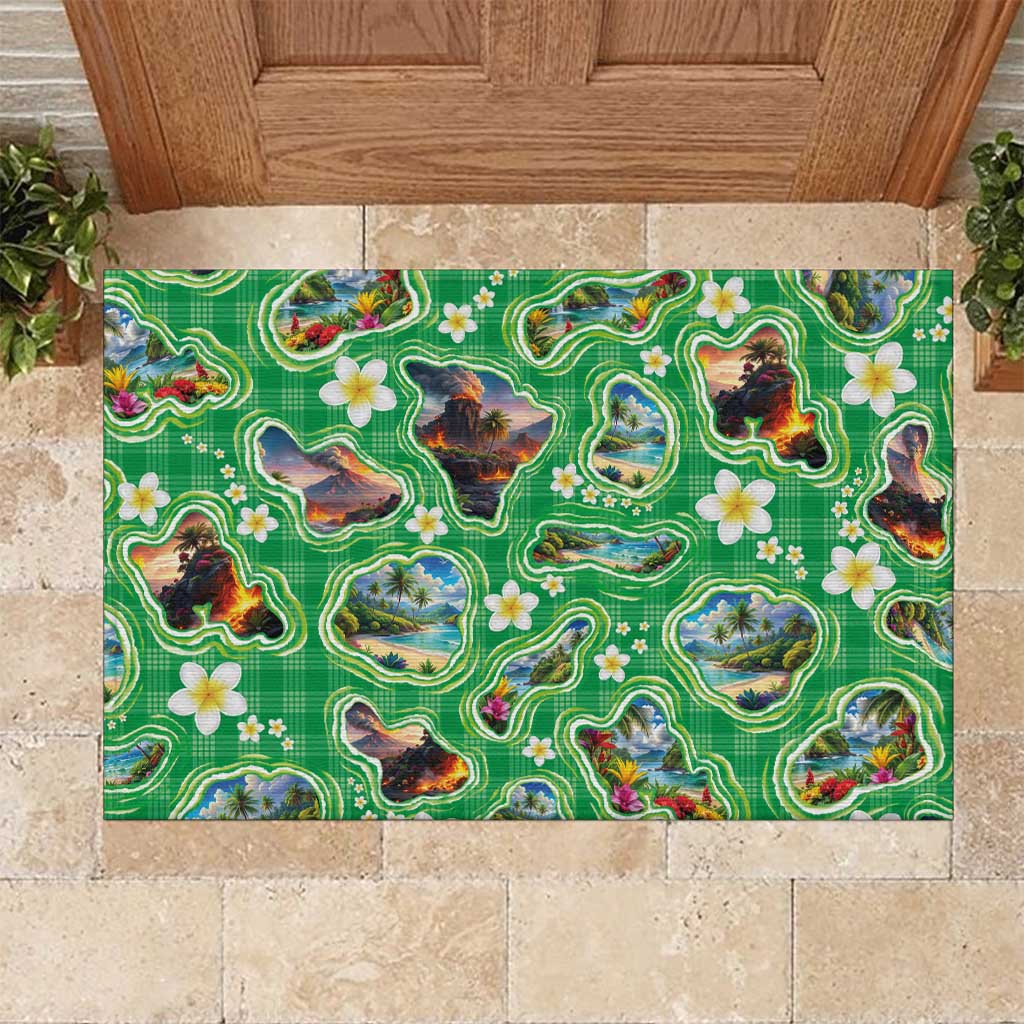 Hawaii Map with Plumeria Flower and Palaka Pattern Rubber Doormat Tropical Island Green Design