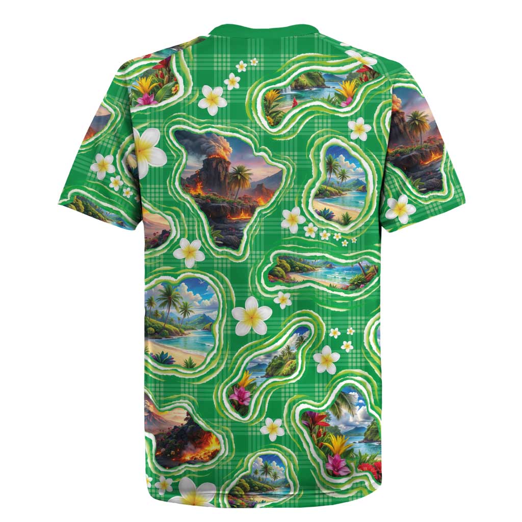 Hawaii Map with Plumeria Flower and Palaka Pattern Rugby Jersey Tropical Island Green Design